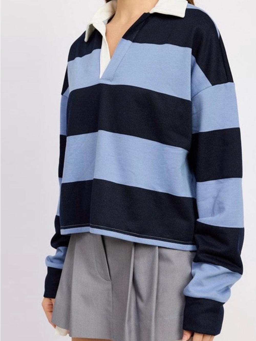 Relaxed Striped Rugby Polo in Navy and Light Blue - Unbranded